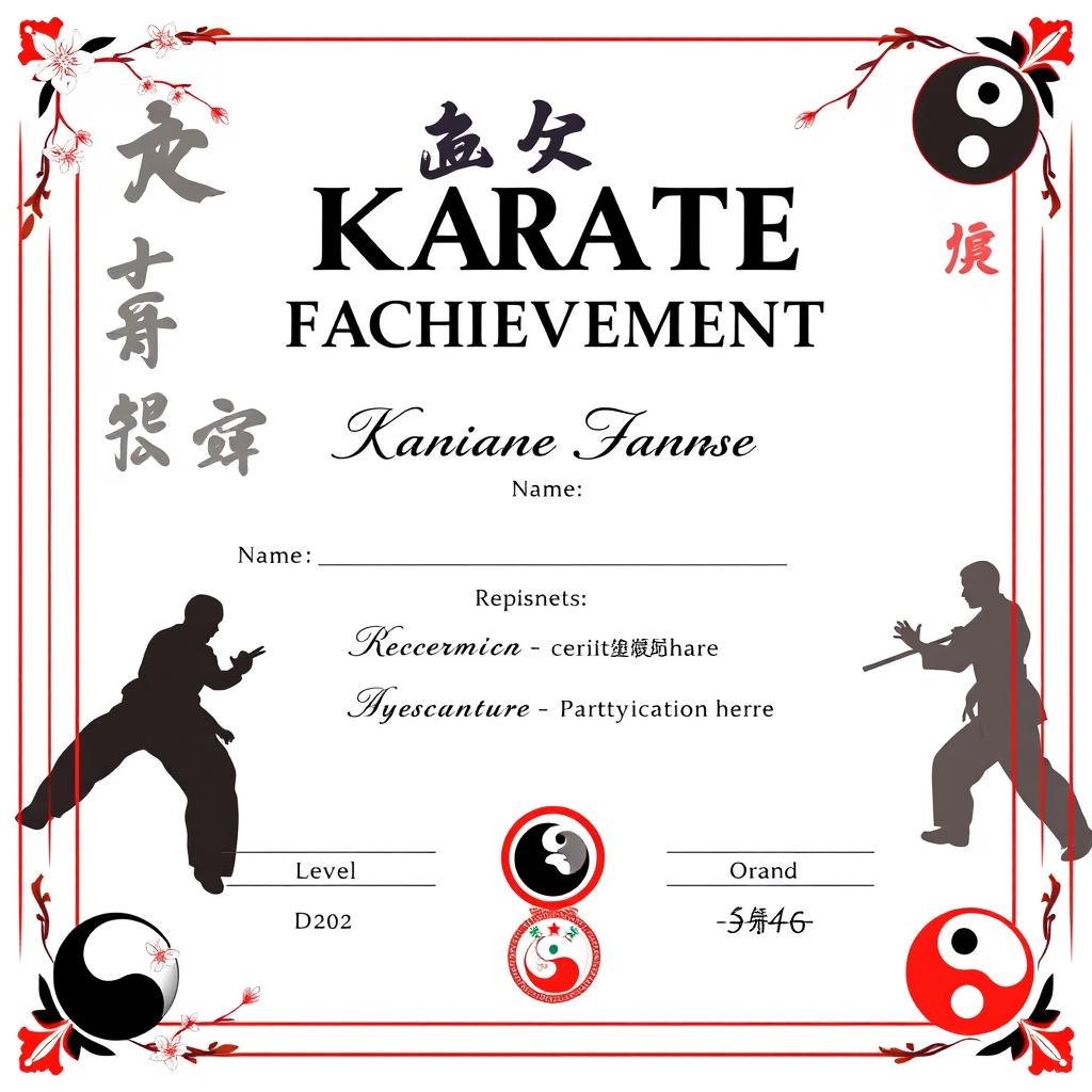 A beautifully designed fillable certificate for karate achievements, featuring a dynamic martial arts theme