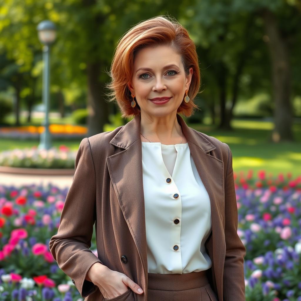 A sexy Russian woman aged 45 to 50 years with a fashionable hairstyle, dressed in modest yet stylish clothing