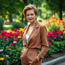A sexy Russian woman aged 45 to 50 years with a fashionable hairstyle, dressed in modest yet stylish clothing