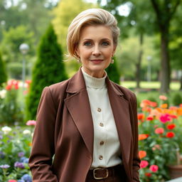 A sexy Russian woman aged 45 to 50 years with a fashionable hairstyle, dressed in modest yet stylish clothing