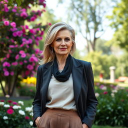 A sexy Russian woman aged 45 to 50 years with a fashionable hairstyle, dressed in modest yet stylish clothing