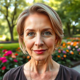 A close-up portrait of a sexy Russian woman aged 45 to 50 years, with her face filling the entire frame