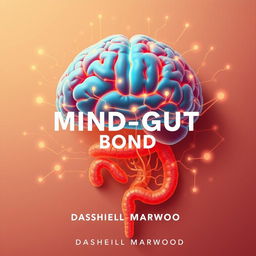 A flat cover design featuring a realistic depiction of a vibrant brain intricately connected to a glowing digestive system, illustrating the mind-gut connection