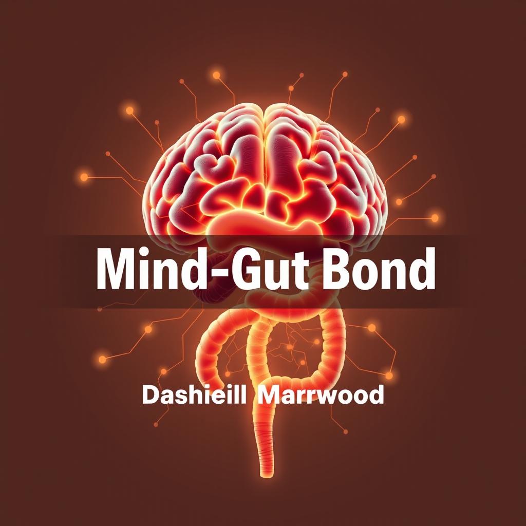 A flat cover design featuring a realistic depiction of a vibrant brain intricately connected to a glowing digestive system, illustrating the mind-gut connection