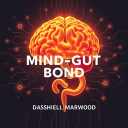 A flat cover design featuring a realistic depiction of a vibrant brain intricately connected to a glowing digestive system, illustrating the mind-gut connection