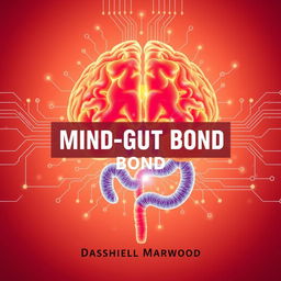 A flat cover design featuring a realistic depiction of a vibrant brain intricately connected to a glowing digestive system, illustrating the mind-gut connection