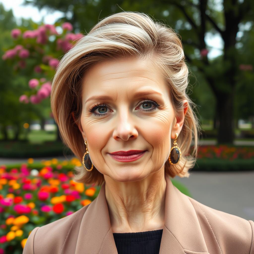 A close-up portrait of a sexy Russian woman aged 45 to 50 years, with her face filling the entire frame