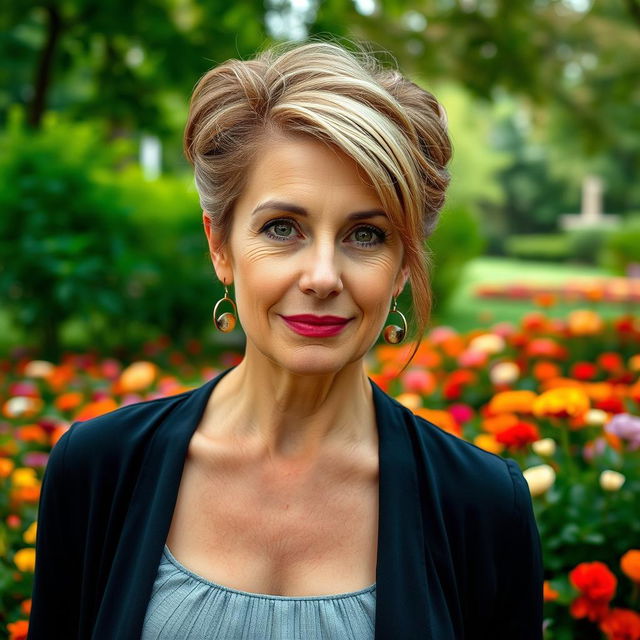 A close-up portrait of a sexy Russian woman aged 45 to 50 years, with her face filling the entire frame