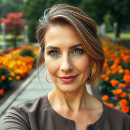 A close-up portrait of a sexy Russian woman aged 45 to 50 years, with her face filling the entire frame