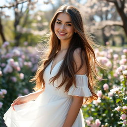 A young woman with long, flowing hair standing in a beautiful outdoor setting, surrounded by blooming flowers