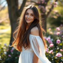 A young woman with long, flowing hair standing in a beautiful outdoor setting, surrounded by blooming flowers