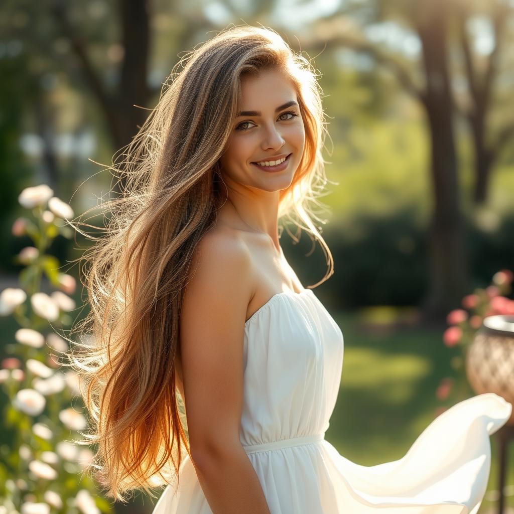 A young woman with long, flowing hair standing in a beautiful outdoor setting, surrounded by blooming flowers