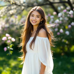A young woman with long, flowing hair standing in a beautiful outdoor setting, surrounded by blooming flowers