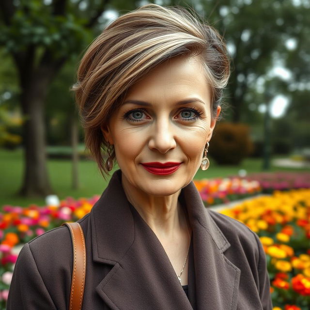 A close-up portrait of a sexy Russian woman aged 45 to 50 years, with her face prominently filling the entire frame