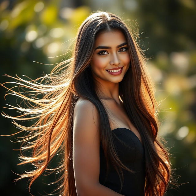 A beautiful young woman with long flowing hair, standing confidently in an elegant pose