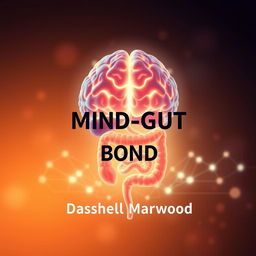 A flat book cover design featuring a realistic and vibrant depiction of a brain connected to a glowing digestive system, illustrating the mind-gut connection