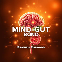 A flat book cover design featuring a realistic and vibrant depiction of a brain connected to a glowing digestive system, illustrating the mind-gut connection