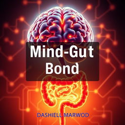 A flat book cover design featuring a realistic and vibrant depiction of a brain connected to a glowing digestive system, illustrating the mind-gut connection