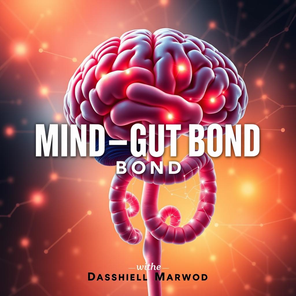 A flat book cover design featuring a realistic and vibrant depiction of a brain connected to a glowing digestive system, illustrating the mind-gut connection