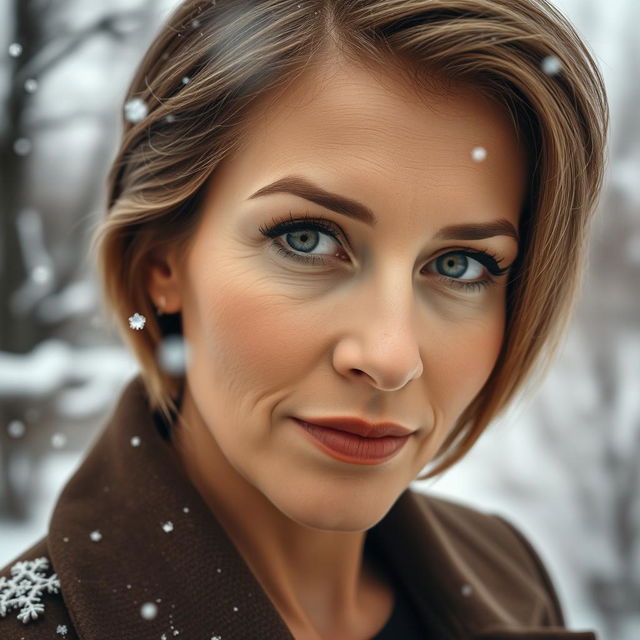 A close-up portrait of a sexy Russian woman aged 40 to 45 years, with her face filling the entire frame