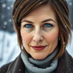 A close-up portrait of a sexy Russian woman aged 40 to 45 years, with her face filling the entire frame