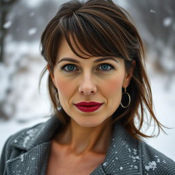 A close-up portrait of a sexy Russian woman aged 40 to 45 years, with her face filling the entire frame