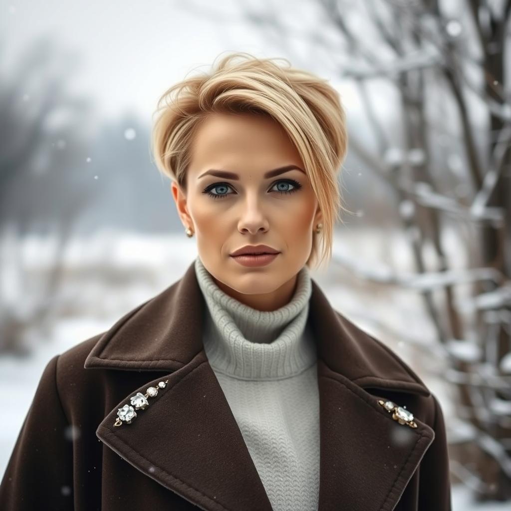 A stylish portrait of a sexy Russian woman aged 40 to 45 years, featuring a fashionable and contemporary hairstyle