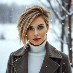 A stylish portrait of a sexy Russian woman aged 40 to 45 years, featuring a fashionable and contemporary hairstyle