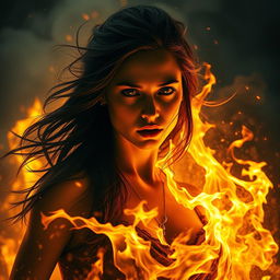A dramatic and powerful fantasy scene depicting a young woman caught in a fiery blaze