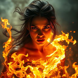 A dramatic and powerful fantasy scene depicting a young woman caught in a fiery blaze