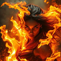 A dramatic and powerful fantasy scene depicting a young woman caught in a fiery blaze