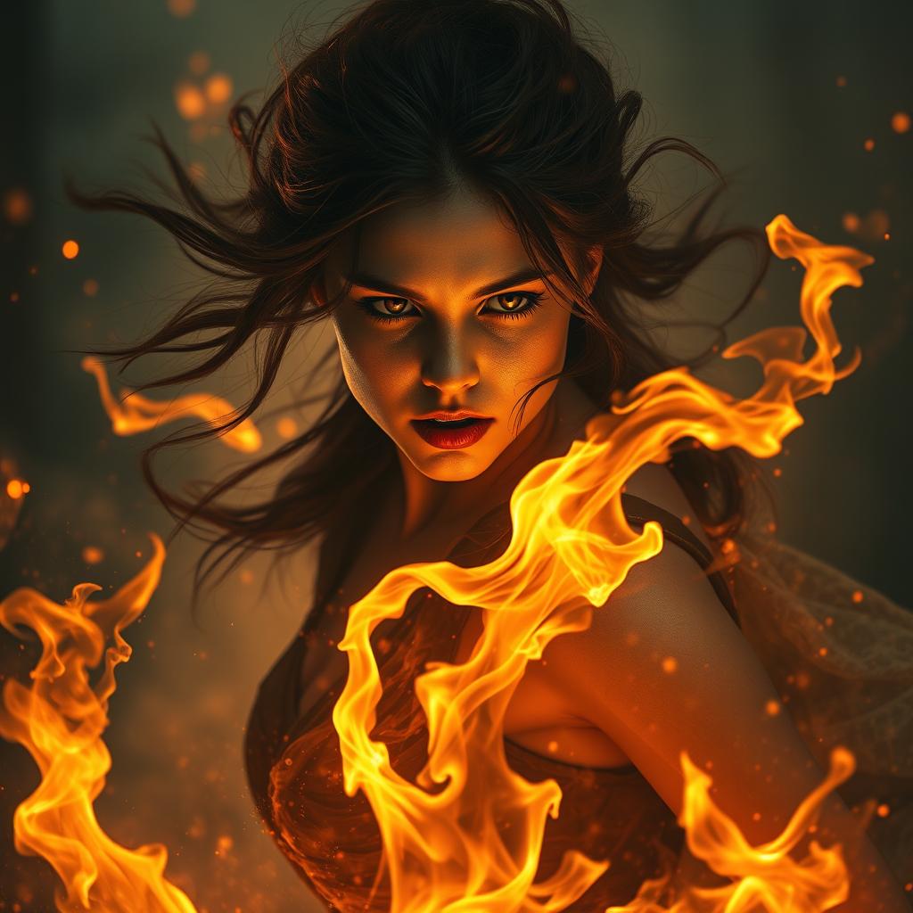 A dramatic and powerful fantasy scene depicting a young woman caught in a fiery blaze