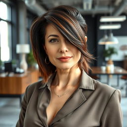 A stylish portrait of a sexy Russian woman aged 40 to 45 years, featuring a trendy and fashionable hairstyle