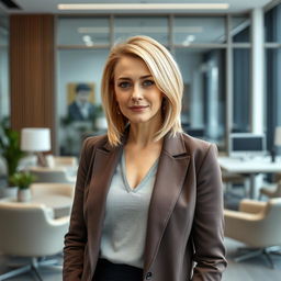 A stylish portrait of a sexy Russian woman aged 40 to 45 years, featuring a trendy and fashionable hairstyle