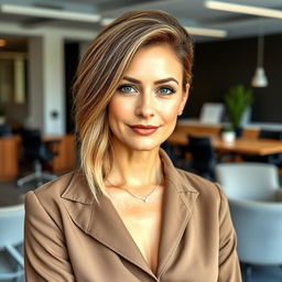 A stylish portrait of a sexy Russian woman aged 40 to 45 years, showcasing a trendy and fashionable hairstyle