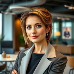 A stylish portrait of a sexy Russian woman aged 40 to 45 years, showcasing a trendy and fashionable hairstyle