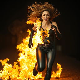 A dramatic scene featuring a woman wearing tight black leather leggings and sleek leather gloves, fully engulfed in intense flames