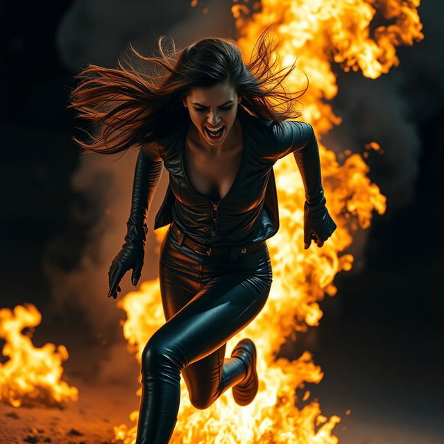 A dramatic scene featuring a woman wearing tight black leather leggings and sleek leather gloves, fully engulfed in intense flames