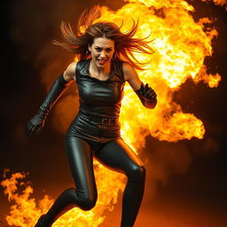 A dramatic scene featuring a woman wearing tight black leather leggings and sleek leather gloves, fully engulfed in intense flames