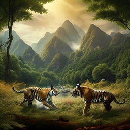 A dynamic and vibrant scene of a tiger ardently pursuing a rabbit in a lush forest, with majestic mountains looming under a clear sky in the background.