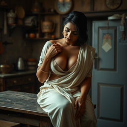 A beautiful dusky Indian maid sitting gracefully on the edge of a rustic wooden table, her traditional blouse elegantly draped open to reveal her large breasts