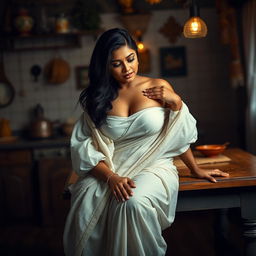 A beautiful dusky Indian maid sitting gracefully on the edge of a rustic wooden table, her traditional blouse elegantly draped open to reveal her large breasts
