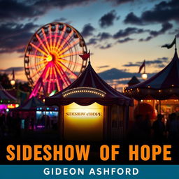 A vibrant carnival scene at dusk, bursting with colorful lights and mystical elements that evoke feelings of hope and wonder