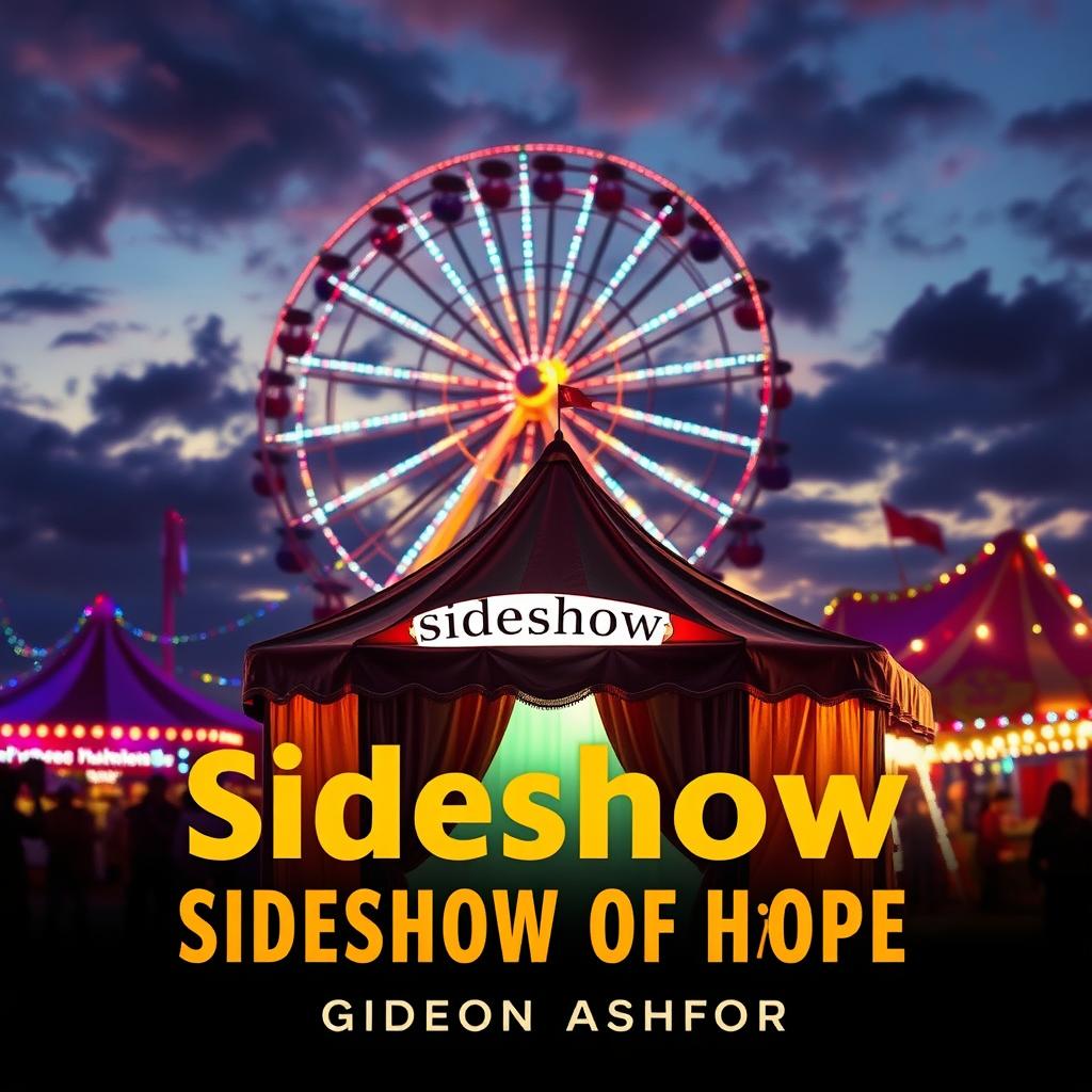 A vibrant carnival scene at dusk, bursting with colorful lights and mystical elements that evoke feelings of hope and wonder