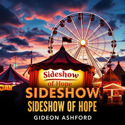 A vibrant carnival scene at dusk, bursting with colorful lights and mystical elements that evoke feelings of hope and wonder