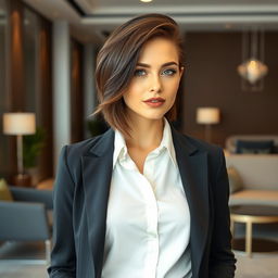 A stylish portrait of a sexy Russian woman aged 30 to 35 years, featuring a trendy and fashionable hairstyle