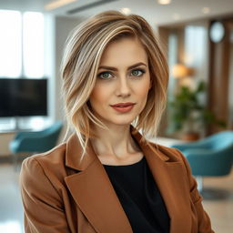 A stylish portrait of a sexy Russian woman aged 30 to 35 years, featuring a trendy and fashionable hairstyle