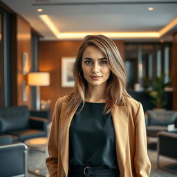 A stylish portrait of a sexy Russian woman aged 30 to 35 years, featuring a trendy and fashionable hairstyle