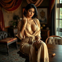 A beautiful fair Indian maid sitting elegantly on the edge of a wooden table, her traditional blouse stylishly draped open to reveal her naked large breasts