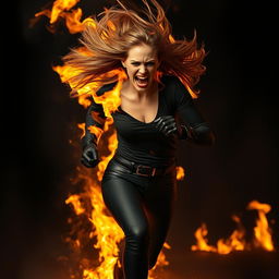 A striking image of a woman fully engulfed in flames, wearing tight black leather leggings and leather gloves